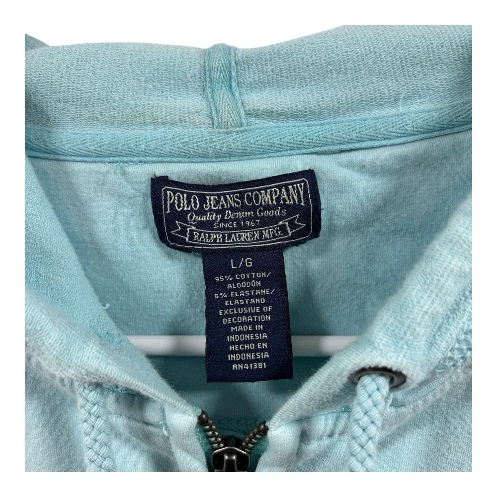 Polo‎ Ralph Lauren Hoodie Kids Large Aqua Blue Full Zip Pockets Embroidered